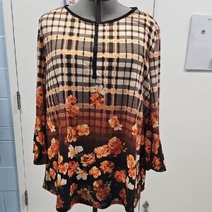 Elegant Floral Plaid Blouse - Black and Orange